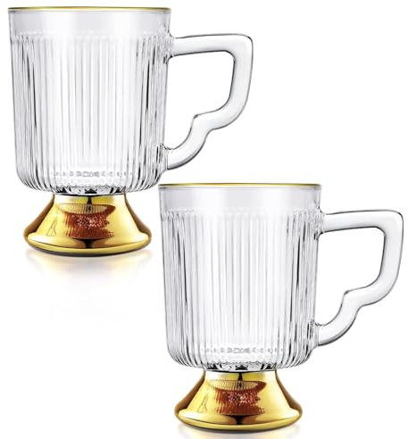 Joeyan Latte Glasses Tea Coffee Mugs Set of 2, 350ml Ribbed Coffee Tea Glass Cups Hot Drink Cafe Mugs with Handle Ideal for Milk Juice Ice Cream Latte Cappuccino Espresso and Hot Chocolate