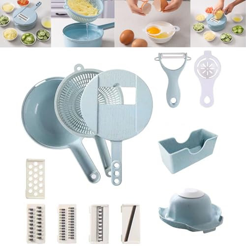 Multifunktionaler Gemüseschneider, centahah/e gemüseschneider, 12 In 1 Vegetable Cutter With Container, Multifunctional Vegetable Cutter, Vegetable Slicer Adjustable Stainless Steel (Blau)