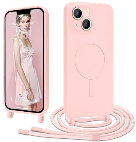 Ethanger Handyband für iPhone 14 iPhone 13 Hülle mit Band [Kompatibel mit Magsafe] Flüssig Silikon Necklace Handyhülle Magnetische Schutzhülle zum Umhängen Kordel für iPhone 14/13 Rosa