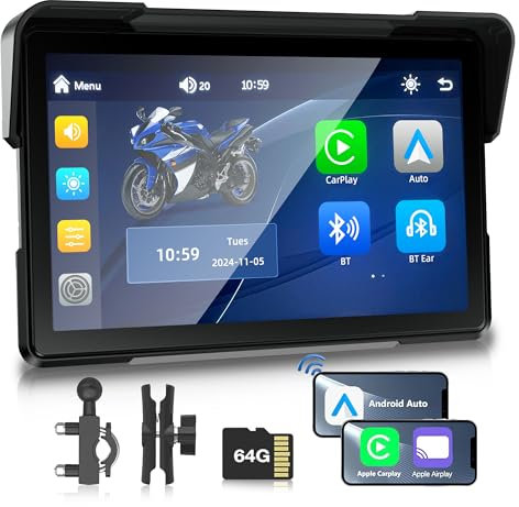 PARKVISION 7-Inch Wireless Motorcycle Sat Nav Motorbike Screen Compatible with Apple CarPlay & Android Auto - Waterproof Touchscreen, Portable Bluetooth Connectivity Carplay Motorcycle