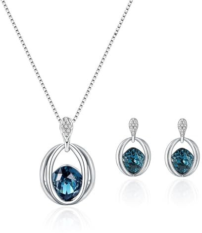FDEETY Schmuck Schmuckset Damen Kristall Anhänger Halskette und Ohrring Set Brautschmuck Hochzeit Set Hochzeitsschmuck Blau