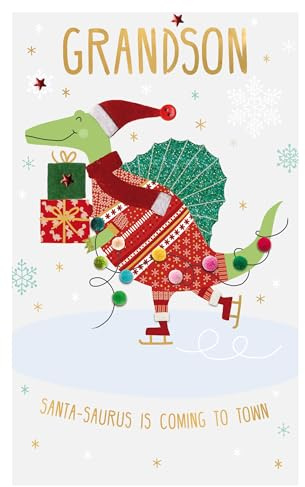 Grandson Santa-Saurus Felt-Tastic Dino Fun Hand-Finished Christmas Greeting Card XFTS062
