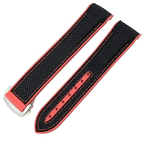 EAMOM 19 mm 20 mm Nylon-Gummi-Uhrenarmband 21 mm 22 mm für Omega Seamaster 300 AT150 Speedmaster 8900 PlanetOcean Lederarmband(Black nylon red,21mm)
