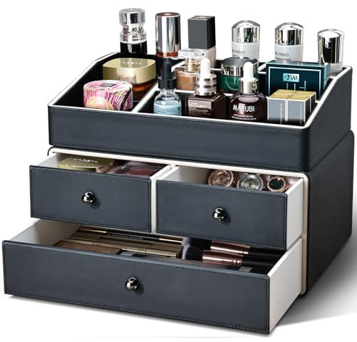 KINGFOM Organizer Trucchi, Porta Trucchi Organizer, 2 Livelli Organizzatore di Trucco con Cassetti per Comò, Bagno, Camera da letto, in Pelle PU (Nero)
