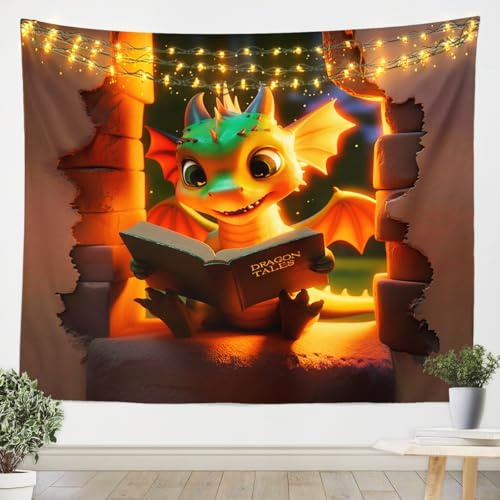 Loussiesd Drache Wandteppich 148x200cm Kawaii Tapisserie für Kinder Mädchen Jungs Wildlife Wandtuch Wild Tier Wandkunst Zimmer Dekor Hell Gelb