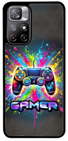 FunKaz Coque pour Xiaomi Redmi Note 11-5G, 11S-5G, 11T-5G - Gamer Manette de Jeu Fond Multicolore - Coque Noire TPU