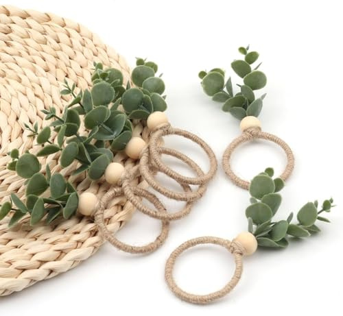 Serviettenringe mit künstlichen Eukalyptusblättern, Holzperlen, Juteseil für Weihnachten, Bauernhaus, Hochzeit, Zuhause, Esstisch, Party-Dekoration, Serviettenzubehör, 6 Stück