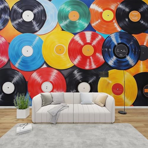 MMYAOKEN Papier Peint Panoramique Musique 350x256 cm - Décoration Murale Disques Vinyles Rétro - Tapisserie Murales Papier Peint Intissé pour Chambre Salon - Poster Tableaux Photo Muraux