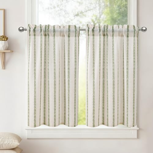 DWCN Bistrogardine 2er Set Gardinen Küche Scheibengardinen H90xB60cm | Grün Weizen Streifen, Vorhänge Kurz Halbtransparent Küchengardinen Schrankvorhang Fenstervorhänge Landhausstil