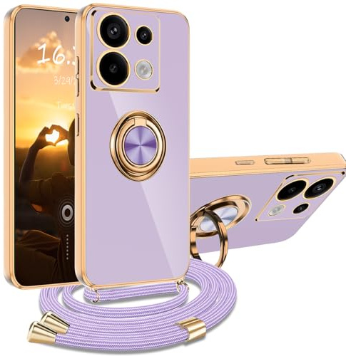 XCYYOO Cover per Note 13 Pro 5G con Cordino, Custodia Redmi Note 13 Pro 5G con Tracolla, Case Antiurto 360°Metallo Ring Kickstand Litetettiva Auto,Cover per Note 13 Pro 5G con cord - Viola