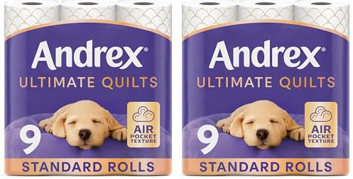 Andrex Ultimate Quilts Toilet Paper 9 Rolls, Air Pocket Technology for Soft, Thick Sheets -Pack of 18 Quilted Toilet Rolls, FSC Certified