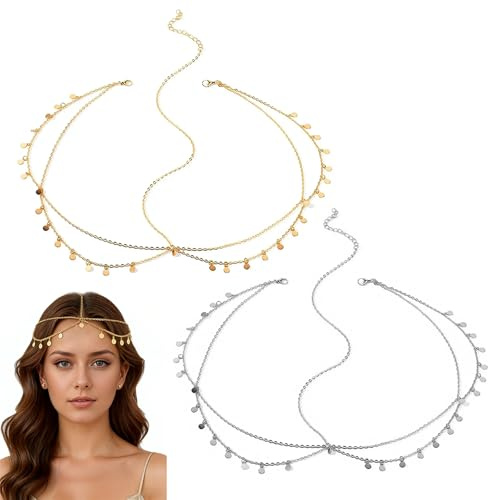 XFSRG 2 Stück Kopfkette Damen Kopfschmuck Gold Silber Kopfschmuck Wahrsagerin Boho Geschichtete Kopfkette Stirnkette Haarreif mit Paillettenanhänger für Hochzeiten Geburtstage Bälle Partys Karneval