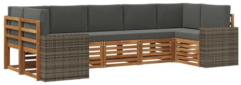vidaXL Ecksofa Set mit Kissen 7 pcs Natur und Anthrazit Polyester, Akazienholz Sofa für draußen, stylisches Gartenmöbel, modulares Set für Terrasse und Poolbereich