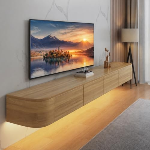 FGNIXLN TV Lowboard Hängend,120-300 cm Moderner TV Schrank Fernsehschrank für das Wohnzimmer Geeignet für das Wohnzimmer und Schlafzimmer (Naturholzfarbe-Led,180CM)