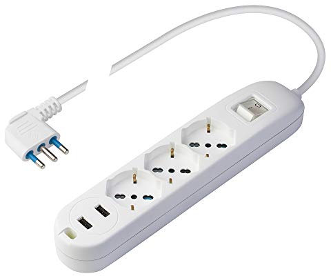 Poly Pool PP2526 Presa Multipla con 2 Prese USB e 3 Prese P40 Pluristandard, Spina Salvaspazio Grande 16 A, 1.5 Metri Cavo e Interruttore, Bianco