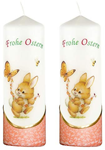 Meissner-Handel Auswahl * 2 Stück Osterkerze Stumpenkerze Osterdeko * 6 x 18 cm * mit farbigen Wachs- und Bildauflagen * Auswahl Motiv + Farbe * orange * (Serie 1 - Set 03/03)