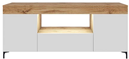 Selsey Gusto - TV-Lowboard/Fernsehschrank geschlossen mit 3 Türen/offenem Fach/LED-Beleuchtung, 137 cm breit (Eichefarben Lancaster/Weiß Matt)