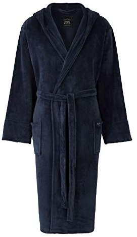 THE SAVILE ROW COMPANY LONDON Men's Lightweight Super Soft Warm Fleece Bath Robe Dressing Gown - Navy With Hood - X-Large