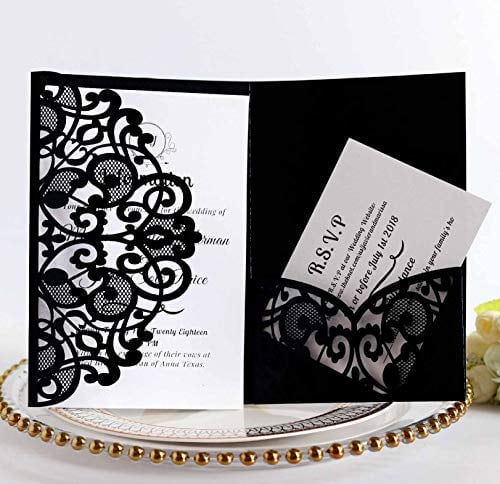 BLUGUL 10 Stück Hochzeit Einladungskarten, Hochzeitskarten, Hollow Floral Design, mit 2 Blanko-Karte, Schwarz