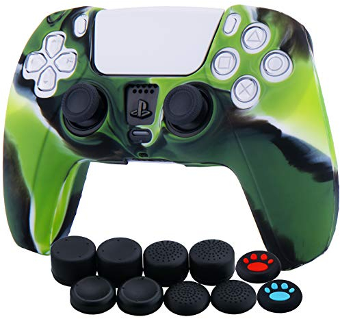 YoRHa Housse Coques Autocollants en Silicone Skin Cover pour PS5 Dualsense Manette (Vert Camouflage) x 1 avec Prises de Pouce x 10