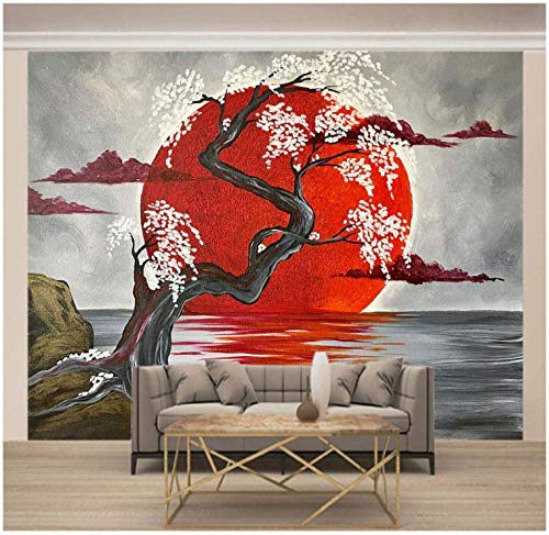 Fototapete 200x140cm Vlies Tapete Wandtapete Roter Sonnenbaum der japanischen Art Wohnzimmer Schlafzimmer Moderne Wandbilder Natur Panorama Wasser Wand Dekoration