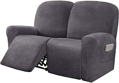 LINFKY 6-teilige Stretch Samt Recliner Schonbezüge Liegen Couchbezüge Für 2-Sitzer Couch Möbelbezüge Für Liegen Mit Seitentasche, Weiche, Dicke Form (Grau)
