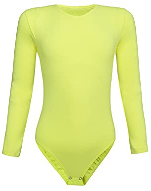 Evoni Kinder-Body Langarm - Baumwolle mit Elasthan, atmungsaktiv & dehnbar, Druckknöpfe im Schritt, Unisex, Ballettanzug 122 neongelb