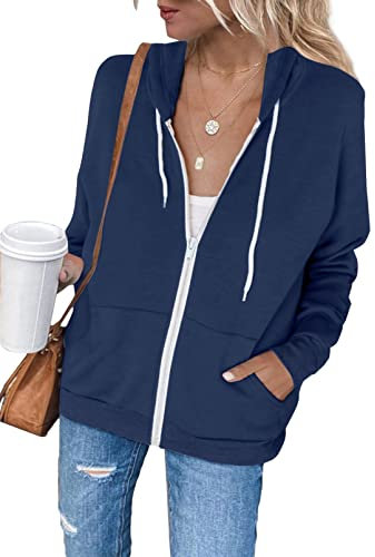 Maavoki Sweatjacke Damen mit Kapuze Einfarbig Damen Kapuzenjacke Full Zip Hoodie Sweatshirt Jacke für Damen, Navy Blau XXL