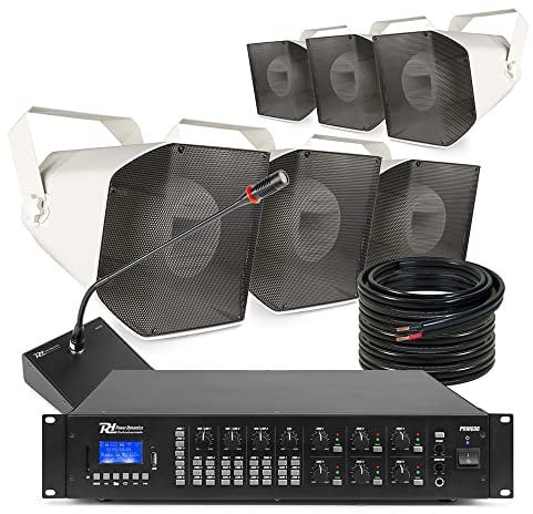 Power Dynamics 6-Zone Outdoor Horn Speaker System - HS650 IP66 Commercial Outdoor Speakers with 360W Matrix Amplifier, Paging Microphone & Bluetooth Audio Streaming