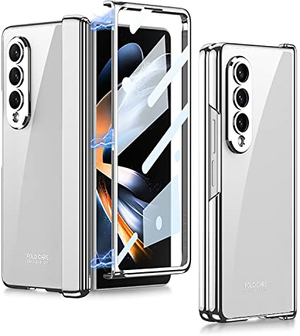 Funda Transparente Chapado para Samsung Galaxy Z Fold 4 con Protector de Pantalla y Bisagra Magnética Protectora, a Prueba de Golpes Anti Amarillo Crystal Clear Case para Samsung Z Fold 4 (Plata)