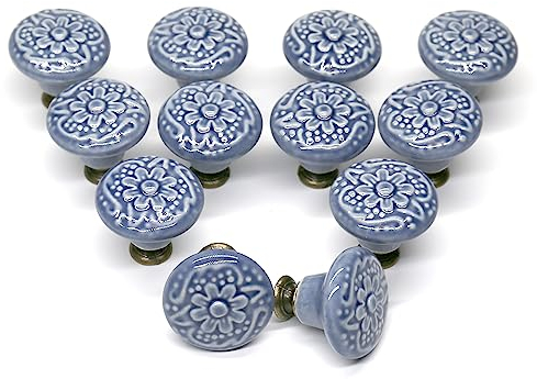 Auped Lot de 12 boutons d'armoire vintage avec poignées rondes en céramique de 34 mm, poignées pour meubles vintage ronds pour maison, adaptées aux commodes, armoires, poignées de porte (gris)