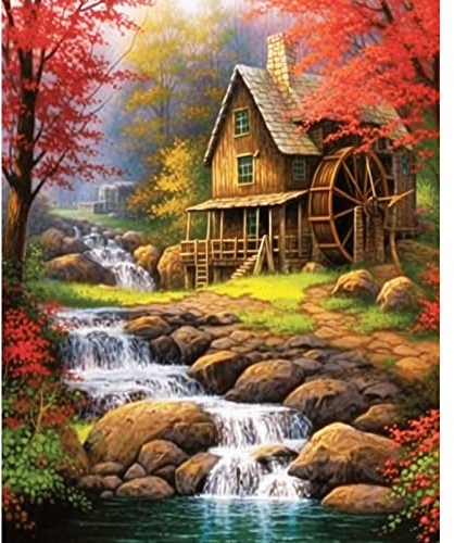 Cottage Wasserrad Malen nach Zahlen für Erwachsene, DIY Digital Ölgemälde Kits auf Leinwand mit Pinseln und Acrylpigment, Wald, Wasserfall, Landschaften, Bild für Heimdekoration, 40x 50cm (Rahmenlos)