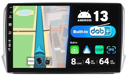 BXLIYER - Built-in DAB - Android 13 IPS Autoradio Per Peugeot 208/2008 (2012-2018) - Wireless DSP/Carplay/Android Auto - 4G+64G - LED Camera + MIC - Volante 360-CAM Fast-Boot - 10.1 Pollici 2 Din
