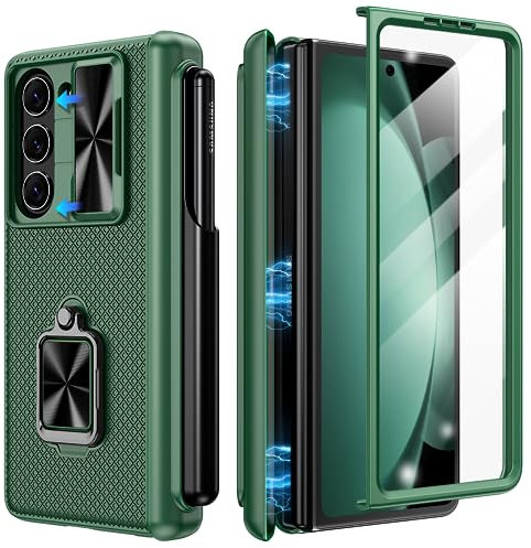 Doeshine Coque pour Samsung Galaxy Z Fold 5, Porte-S Pen, 360 ° Rotatif Support, Protection D'écran et L'appareil Photo, Protection Contre Les Charnières, Armor Cover Case Housse 2023 (Vert)