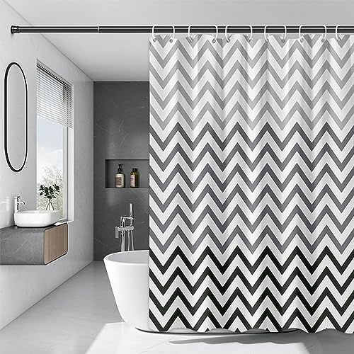 Chenbing Art Duschvorhang 75x190cm Schwarz und Weiß Gewellten Duschvorhänge Wasserdichter Polyester Stoff Anti Schimmel Badevorhang für Badewanne Badezimmer ohne Bohren mit ösen und 12 Duschringen