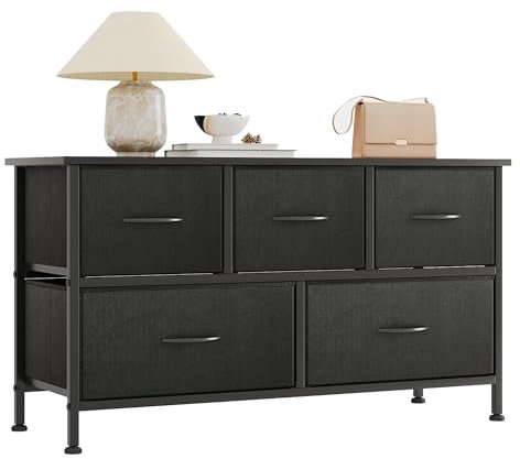 CAIYUN Chest of Drawers,Dresser for Bedroom with 5 Drawers,Fabric Dresser with Wood Top and Large Storage Space, Easy to Assemble, for Bedroom, Living room, Black