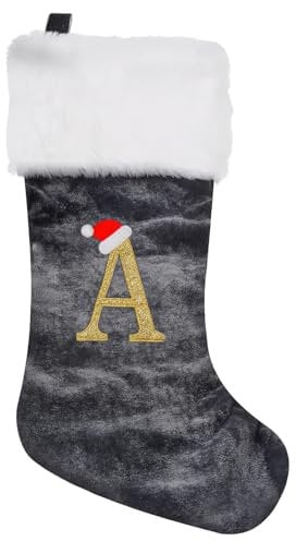 Personalized Xmas Stockings 45cm Large Initial Monogram Embroidered Letter Christmas Stocking Grey Velvet Classic Christmas Stockings Xmas Holiday Decor Tree Decoration for Kids & Adults Gift (A)
