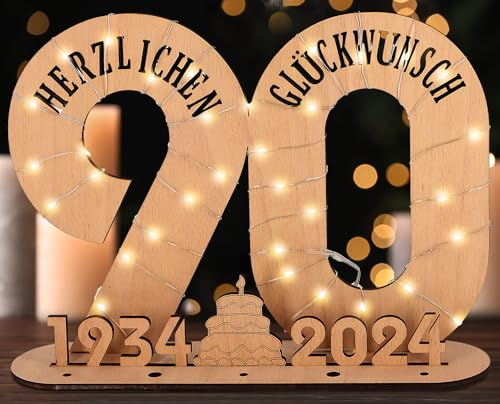 Giftota - 2024 Originelle 90 Geburtstag Geschenk Frauen & Männer - Geldgeschenke Geburtstag 90 mit LED Lichterkette Ständer - Holz-Schild Gästebuch - 90 Geburtstag Deko - Personalisierbares Geschenk