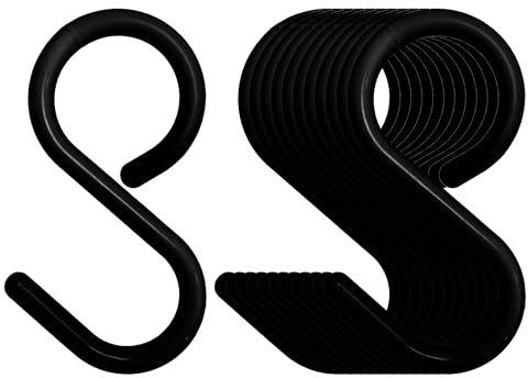 Mt.Jun Sichere und leise Kunststoff-S-Haken, flexibler Hals für einfaches Drehen und Verriegeln, absolut rostfrei, hält bis zu 4,5 kg, schwarz, Größe L (8,9 cm), 12 Stück