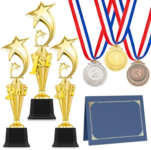 Motionchic 12-teiliges Trophäen-Preis-Set beinhaltet 1., 2., 3. Platz, 3 Auszeichnungsmedaillen in Gold, Silber, Bronze, Auszeichnungsband, 3 Zertifikathalter mit 3 Seiten für Kinder Champions