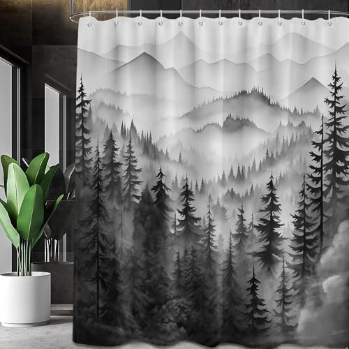 QGHOT Rideau de Douche Motif Montagne, forêt, Noir et Blanc Nature pour Homme, décoration de Salle de Bain Gris Anthracite, Ensemble de Rideaux de Bain rustiques, Bois de pin, Tissu imperméable avec