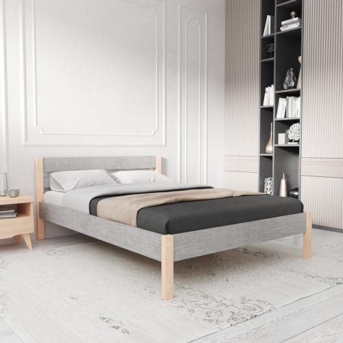 Hansales Holzbett 160x200 cm Kaja Scandi Style ohne Rollrost - mit Stoffbezug - Farbe Grau - aus behandeltem FSC® Birkenmassivholz - Farbe braun - 350 kg - Doppelbettgestell mit Kopfteil