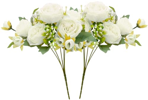 2 Bündel Pfingstrosen Künstlich, Fake Blumen Kunstblumen Deko, Kunstblumen wie Echt Seidenblumen für Hochzeit Home Tisch Party Fenster Dekoration (Weiß)