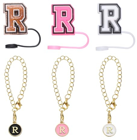 QUARKZMAN 3 Piezas Accesorios de Letras con 3 Tapas de Cubierta de Pajita 9Mm para Silicona Vaso Tapón con Nombre Id Y Encanto Personalizado Negro/Blanco/Rojo (Letra R)