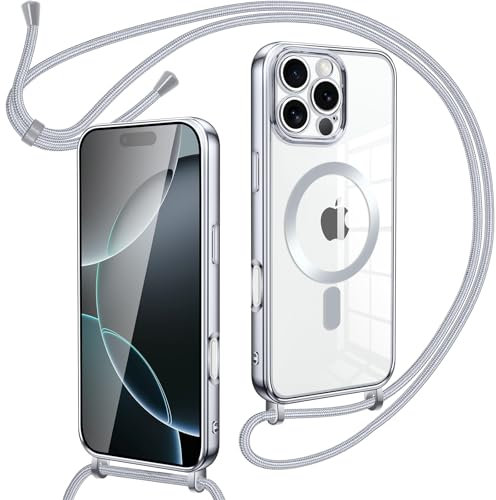 Oelrstfe Cover Magnetica Trasparente con Cordino per iPhone 16 Pro Max con Magnetico,Custodia Sottile con Laccio Collana Tracolla Regolabile Antiurto Case con Collana per iPhone 16 Pro Max-Argento
