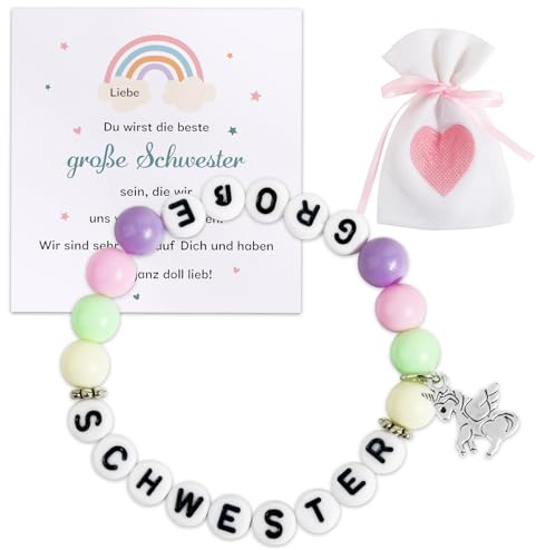 BOOMTOP Große Schwester Armband Geschenk Du wirst Große Schwester Armband Postkarte Kinder Big Sister Kinderarmband Geschenk zur Geburt Elastisches Perlenarmband mit Kärtchen und Stoffbeutel Rosa