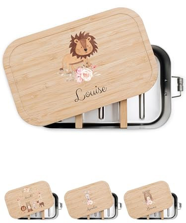 wunderwunsch® - Personalisierte Brotdose für Kinder - Robuste und Individuelle Edelstahl Brotdose mit Namen - Personalisierte Geschenke für Kinder (klein Edelstahl,Löwe Blumen)
