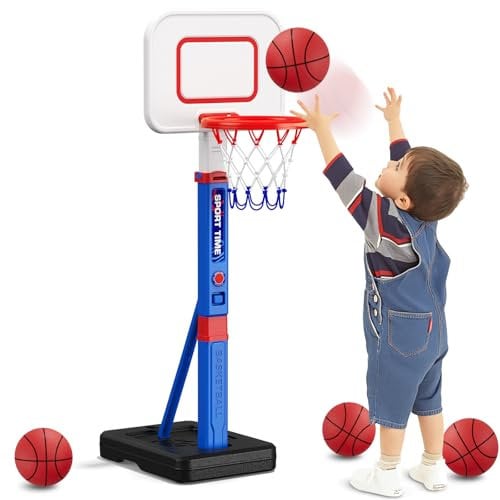 HYES Basketballkorb für Kinder 3-5, Höhenverstellbar Basketball Stander, Mini Basketballkorb Indoor Outdoor mit 4 Balls, Basketball Spielzeug Geschenke für Jungen Mädchen (114-139cm)