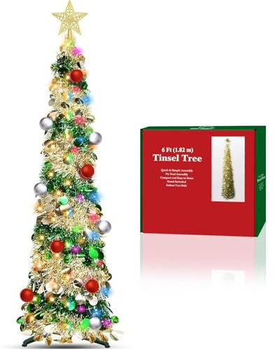 6FT Pop Up Christmas Tinsel Tree - Collapsible Colorful Sequin Artificial Christmas Pencil Trees with 100 Lights, Top Star, 15 Ball Ornament, 12 Modes, Timer for Xmas Decorations(Green + Gold)
