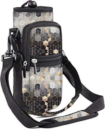 Mibbxea Borsa termica per bottiglia d'acqua, 64 oz con tasche, borsa a tracolla con tracolla, perfetta per viaggi, ciclismo, escursioni, palestra, campeggio (motivo geometrico)